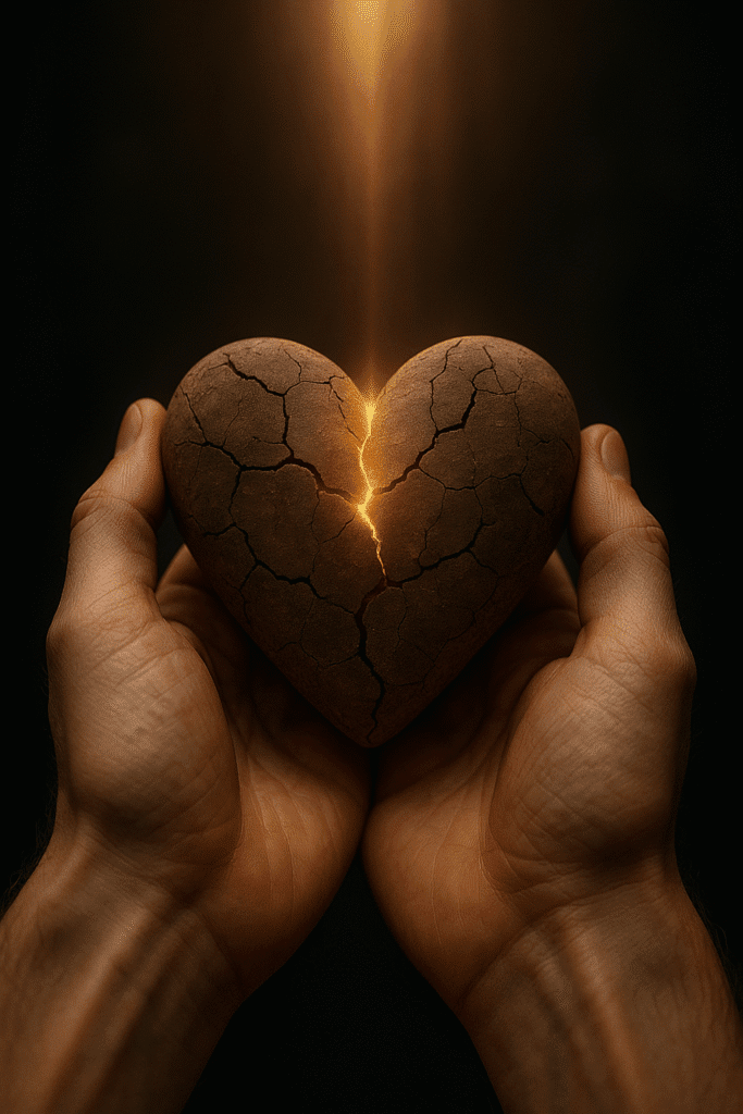Mãos humanas seguram um coração de barro rachado, iluminado por uma luz dourada que emana de seu interior, representando restauração e transformação espiritual.