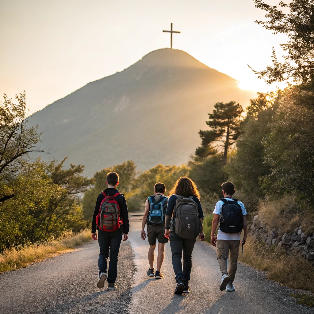 Grupo de jovens caminhando juntos por uma estrada estreita em direção a uma montanha com uma cruz no topo, ao nascer do sol, simbolizando jornada espiritual e propósito cristão.
