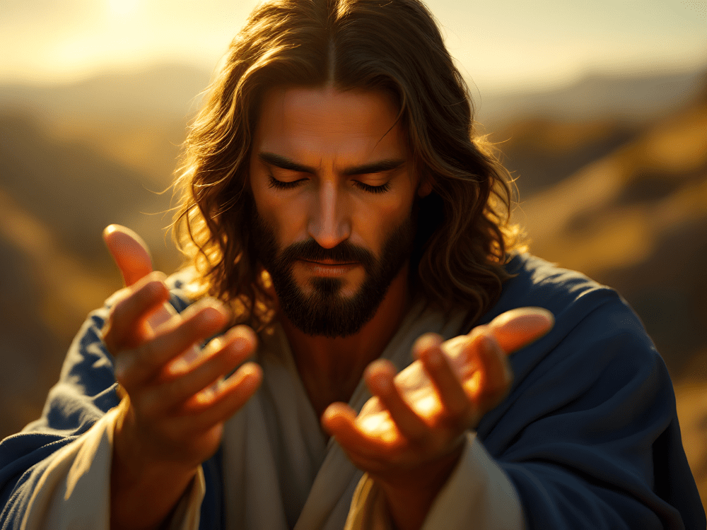 Representação artística de Jesus Cristo orando com as mãos erguidas, em um cenário ao ar livre durante o nascer do sol, transmitindo paz, entrega e comunhão com Deus.
