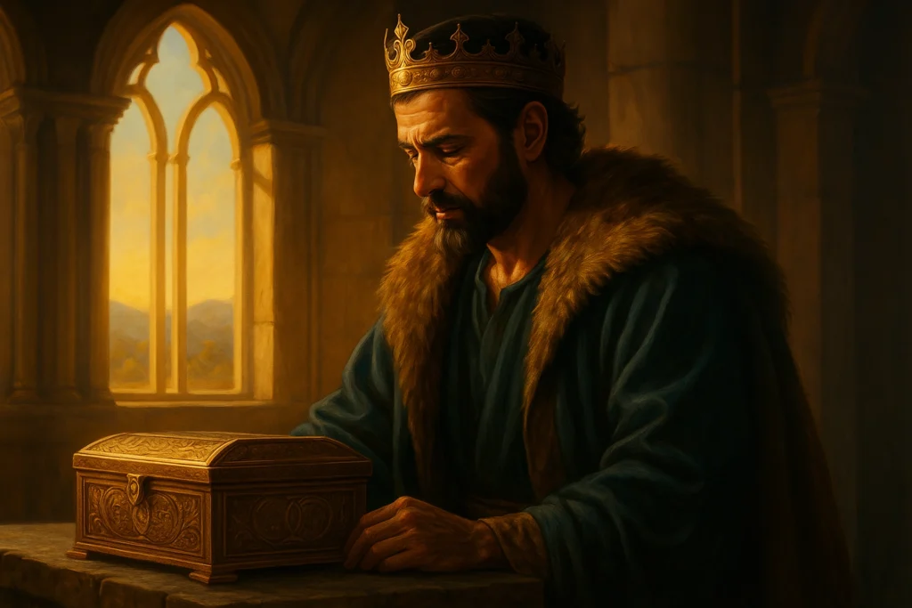 Rei com expressão contemplativa diante de um baú de tesouros, em um palácio iluminado pelo pôr do sol — simbolizando o risco do orgulho e da vaidade após a bênção.