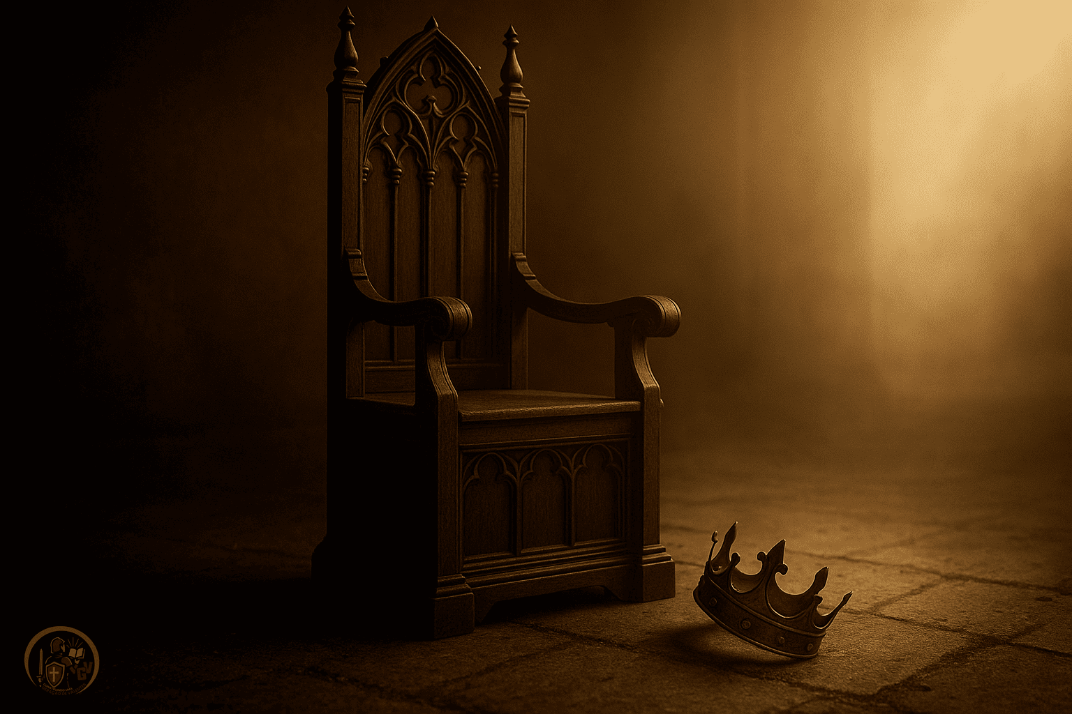Trono vazio de madeira em ambiente escuro, com uma coroa caída ao chão iluminada por luz dourada, representando a perda da vigilância espiritual após a vitória.