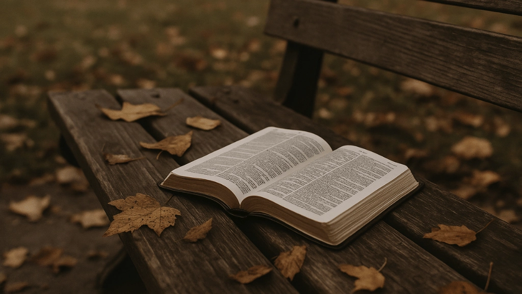 Bíblia aberta sobre banco de madeira com folhas secas ao redor em um dia nublado de outono