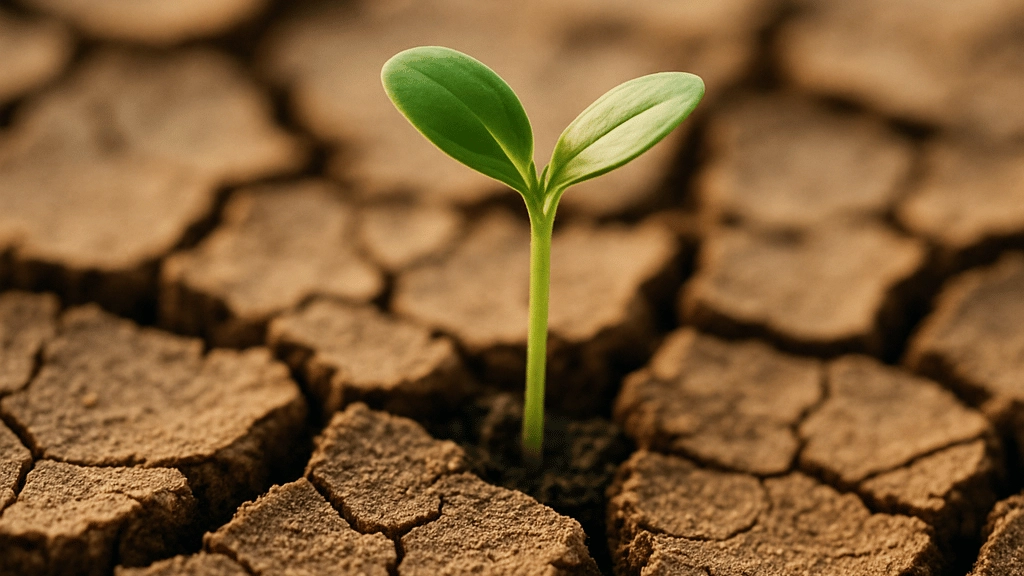 Pequeno broto verde nascendo entre rachaduras do solo seco
