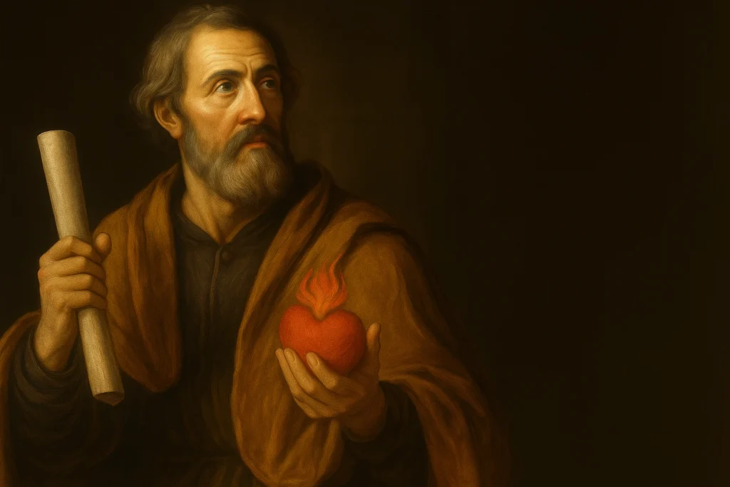 Ilustração tradicional de Agostinho de Hipona segurando um rolo da Escritura em uma mão e um coração ardente na outra, representando sua devoção à Palavra e à graça