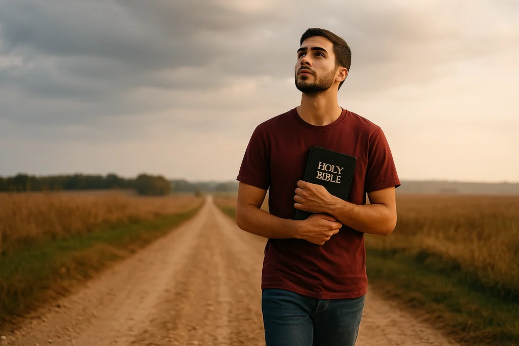 Jovem caminhando sozinho em uma estrada de terra ao entardecer, segurando uma Bíblia contra o peito, com olhar voltado para o céu em gesto contemplativo.